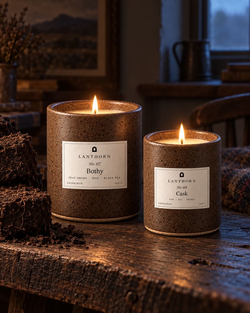 Bothy 400 g and Cask 220 g lit in iron-brown stoneware on a worn oak table at dusk, peat bricks beside them and a tweed throw behind.