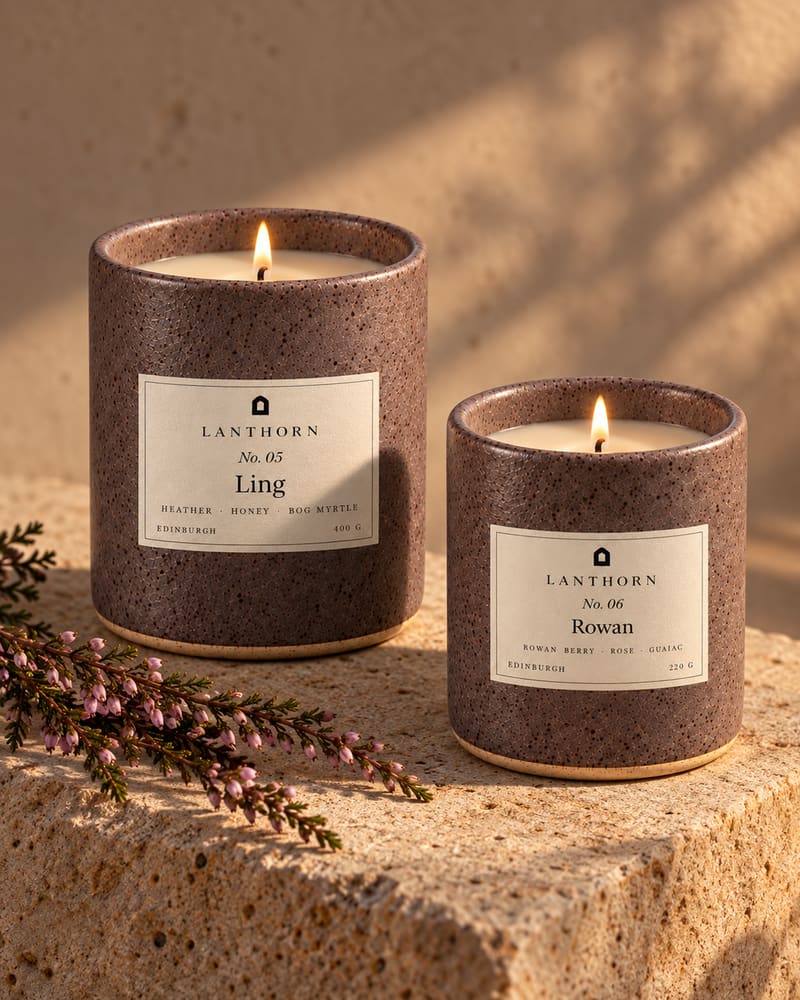 Ling 400 g and Rowan 220 g lit in plum stoneware on a block of warm sandstone in low sun, a sprig of flowering heather beside them.