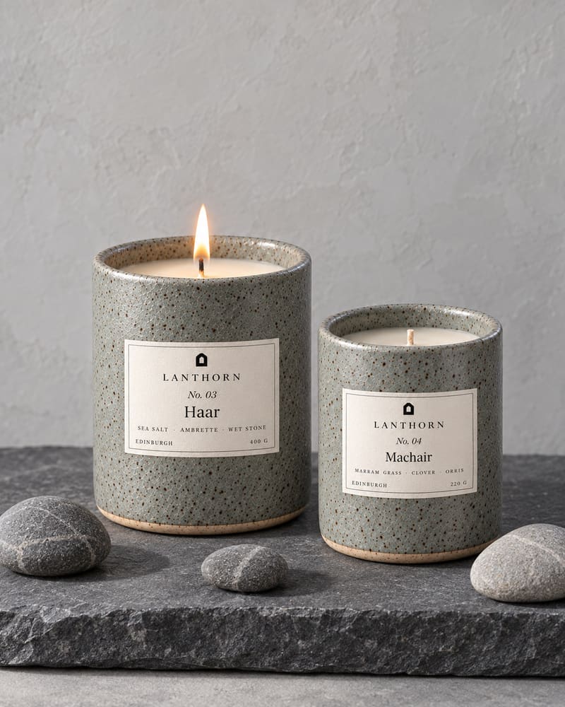 Haar 400 g lit and Machair 220 g unlit, both in pale sea-green stoneware, on a slab of dark slate with smooth grey pebbles, against a pale plaster wall.