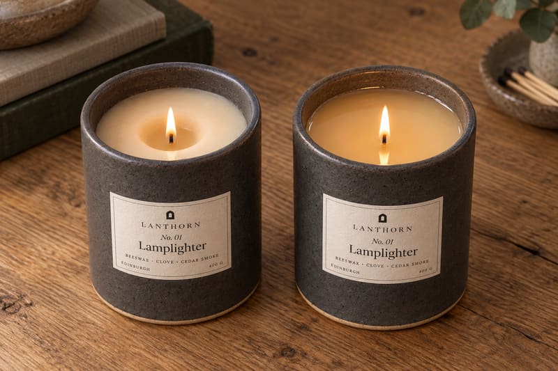 Two lit Lamplighter candles on an oak table. On the left the melt pool is a small well around the wick, the start of a tunnel; on the right it reaches the rim all the way round.